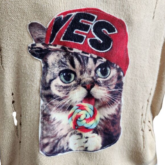 Y2K-Whimsical Yes Cat Lollipop V-Neck Sweater-Shred Knit-Beige-OS-Grunge-Novelty - Picture 2 of 12